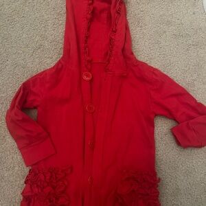 Toddler lightweight Red Hooded Cardigan with Ruffle Details